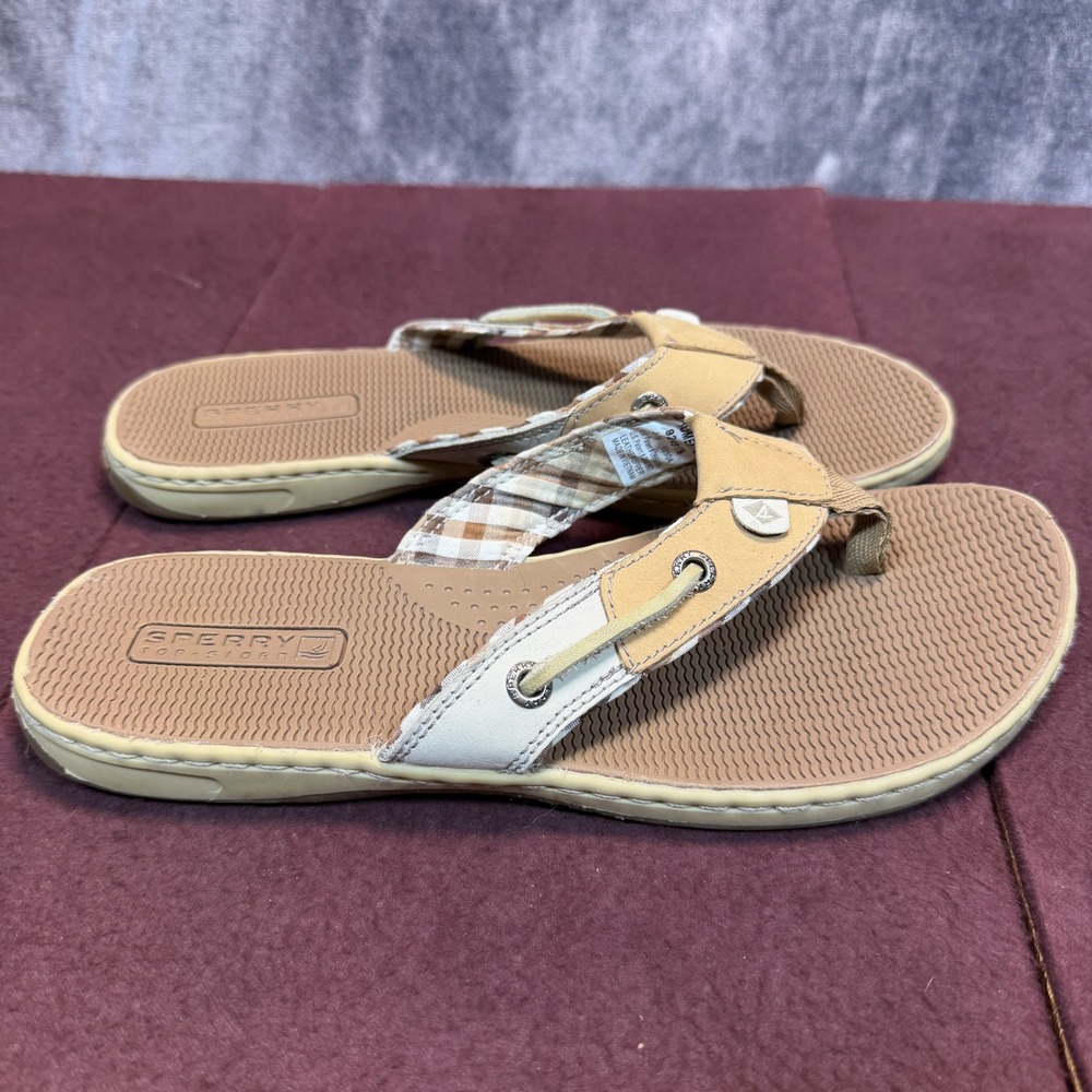 Sperry Flip Flop Sandals Womens Tan Regular Size 7M Thong Plaid Nautical Summer - Picture 2 of 7